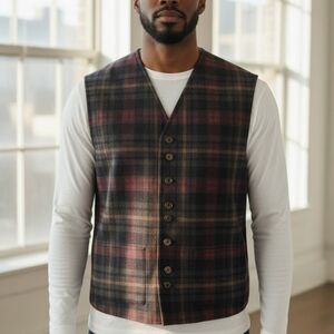 Vintage Turbulence By Simon Sebag vest men's Black Green Burgundy plaid wool